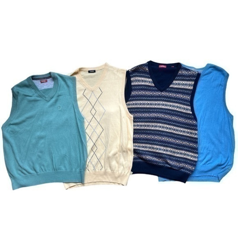 Lot of 4, Izod, size med, men’s sleeveless sweater vests, various colors, v-neck